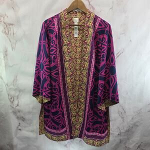 Chicos Kimono Womens Large 2 Pink Yellow Reversible Robe Wrap Long Cover Up Open